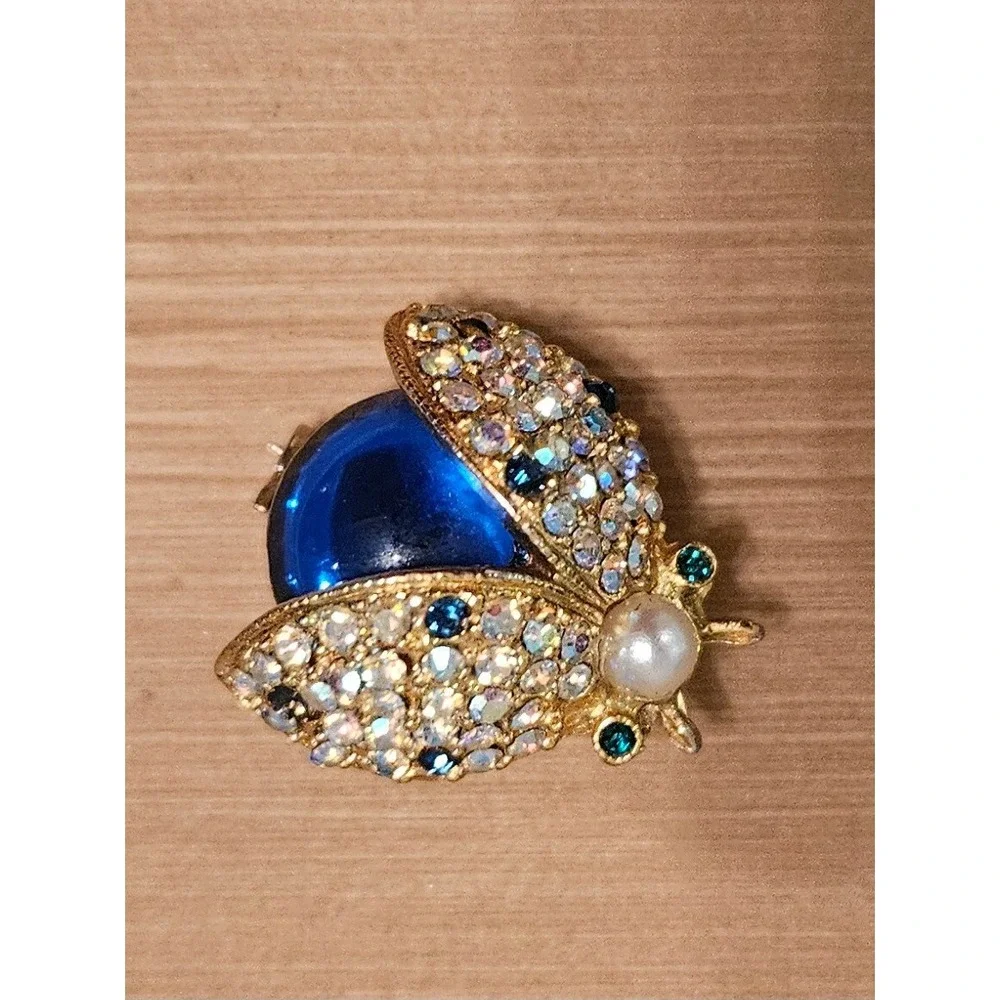 Sparkling Ladybug Brooch Pin Rhinestone Pearl Blue‎ Gemstone Gold Tone